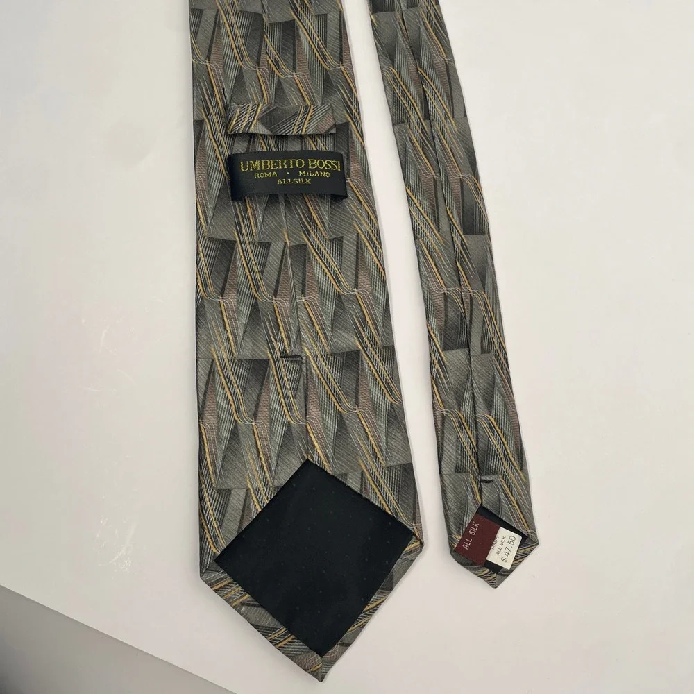 Umberto‎ Bossi Gold Green Brown Men's Necktie Handmade 100% Silk 3.75